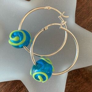 Sterling silver hoops with turquoise and lime green glass beads